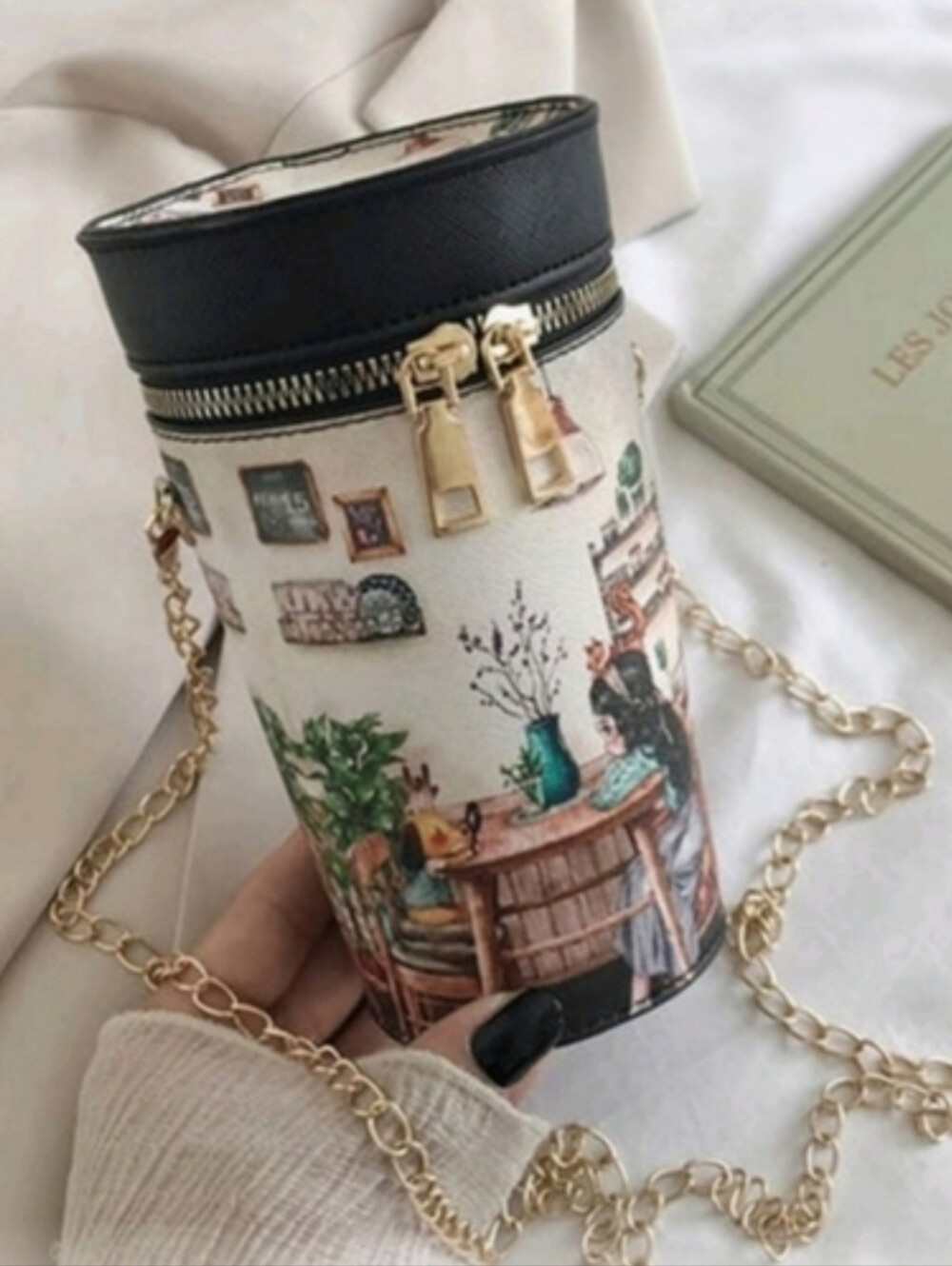 New Cylinder Art Deco Bucket Crossbody Bag | Graphic Print & Gold Chain